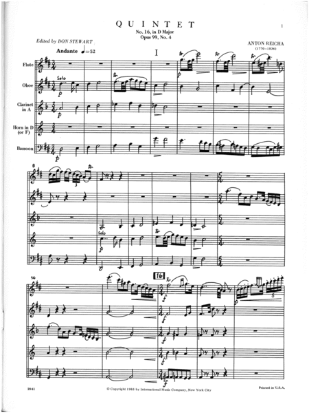 Full Score To Quintet No. 16 In D Major, Opus 99, No. 4 For Flute, Oboe, Clarinet, Horn In D Or F & Bassoon