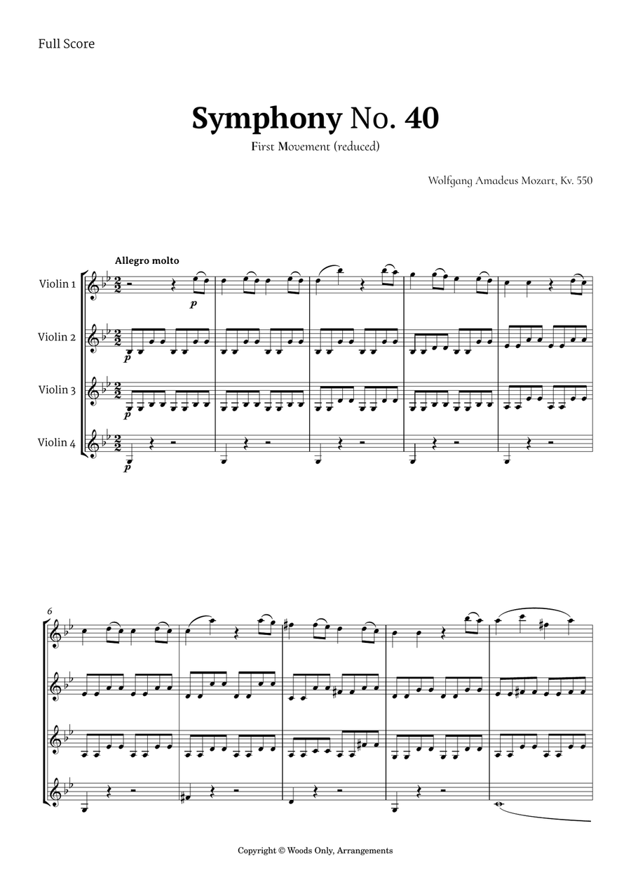 Symphony No. 40 by Mozart for Violin Quartet String Quartet scores gallery preview page 1