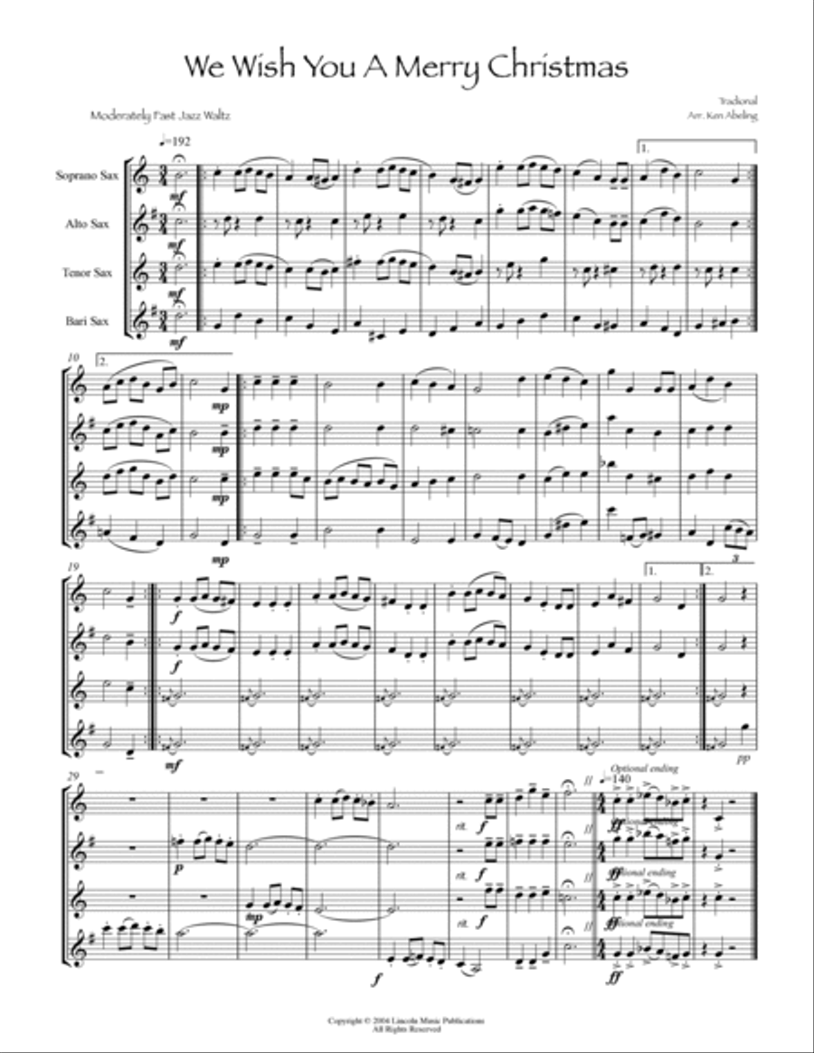 We Wish You a Merry Christmas (Saxophone Quartet SATB or AATB) Saxophone Quartet scores gallery preview page 2