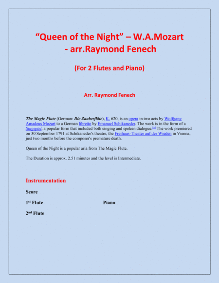 Queen of the Night - From the Magic Flute - 2 Flutes and Piano image number null