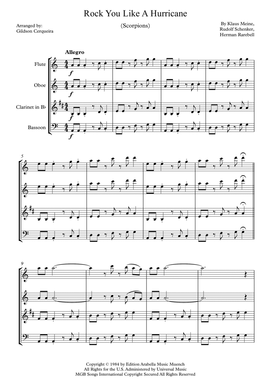 Rock You Like A Hurricane Woodwind Quartet scores gallery preview page 1