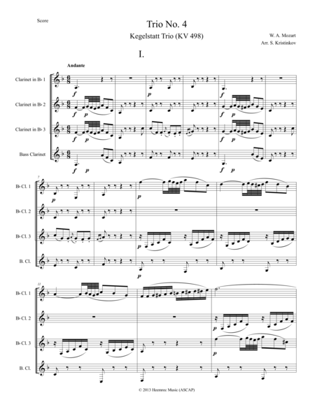 W. A. Mozart, Trio No.4, Kegelstatt Trio (KV 498). Arranged for Clarinet Quartet by Wolfgang Amadeus Mozart Clarinet - Digital Sheet Music