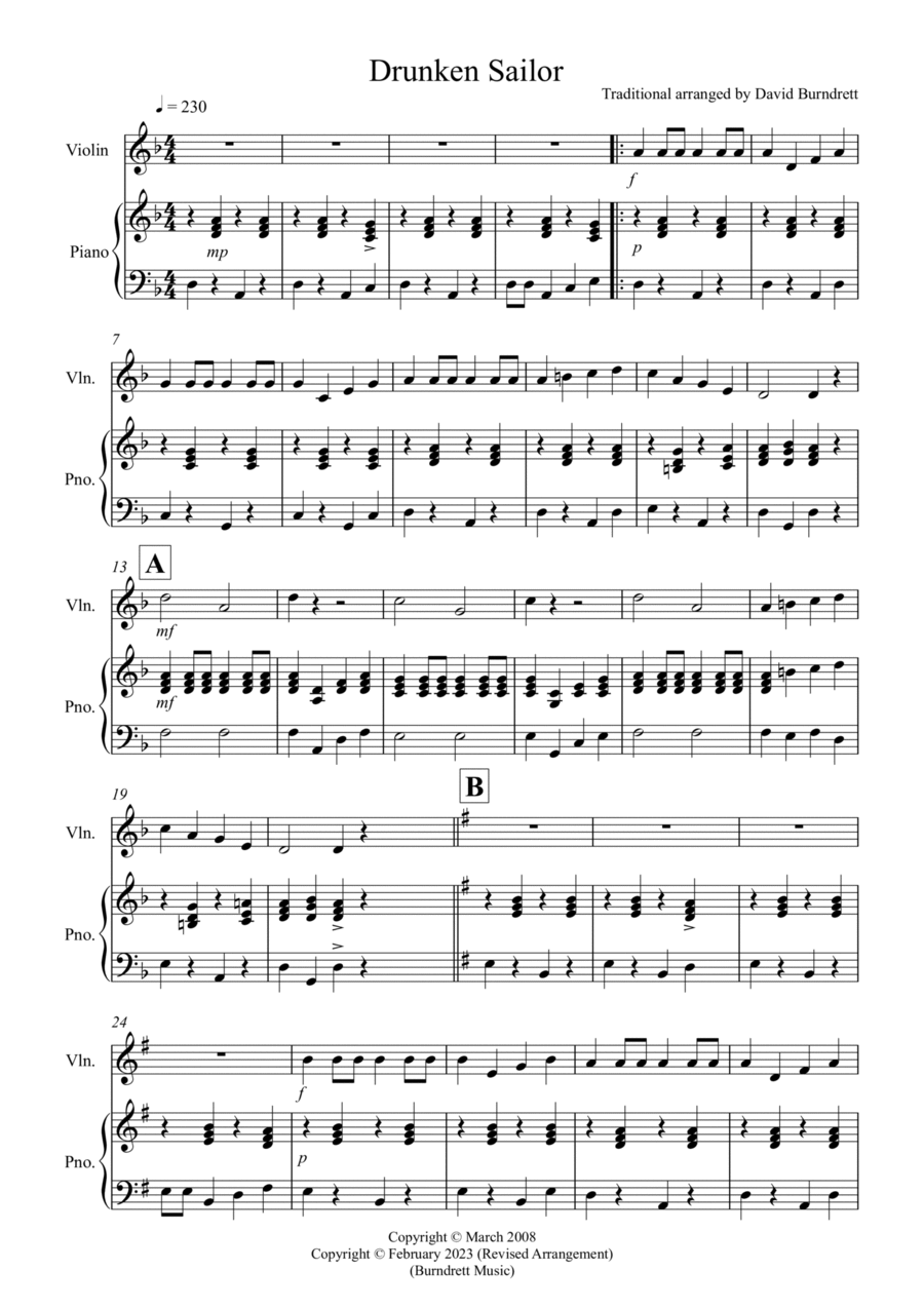 Drunken Sailor for Violin and Piano Violin scores gallery preview page 1