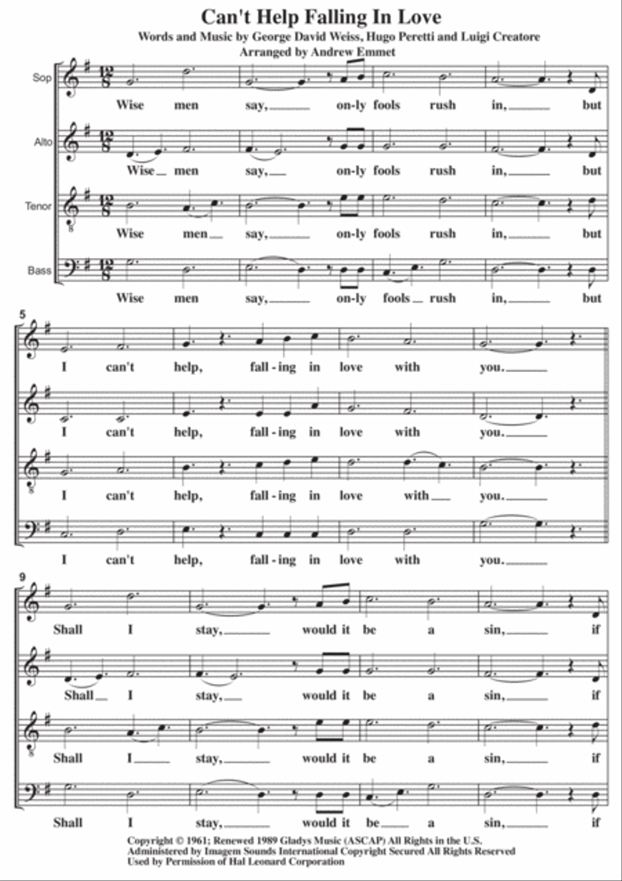 Can't Help Falling In Love 4-Part scores gallery preview page 1