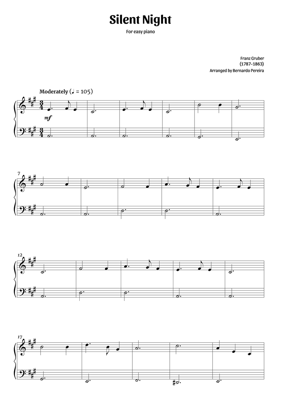 Silent Night (easy piano in A major – clean sheet music) Easy Piano scores gallery preview page 1