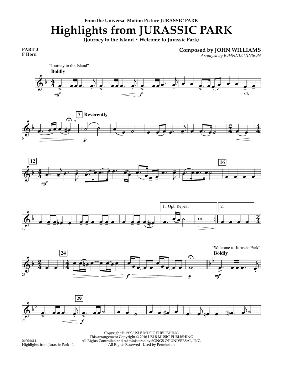 Highlights from Jurassic Park - Pt.3 - F Horn Concert Band scores gallery preview page 1