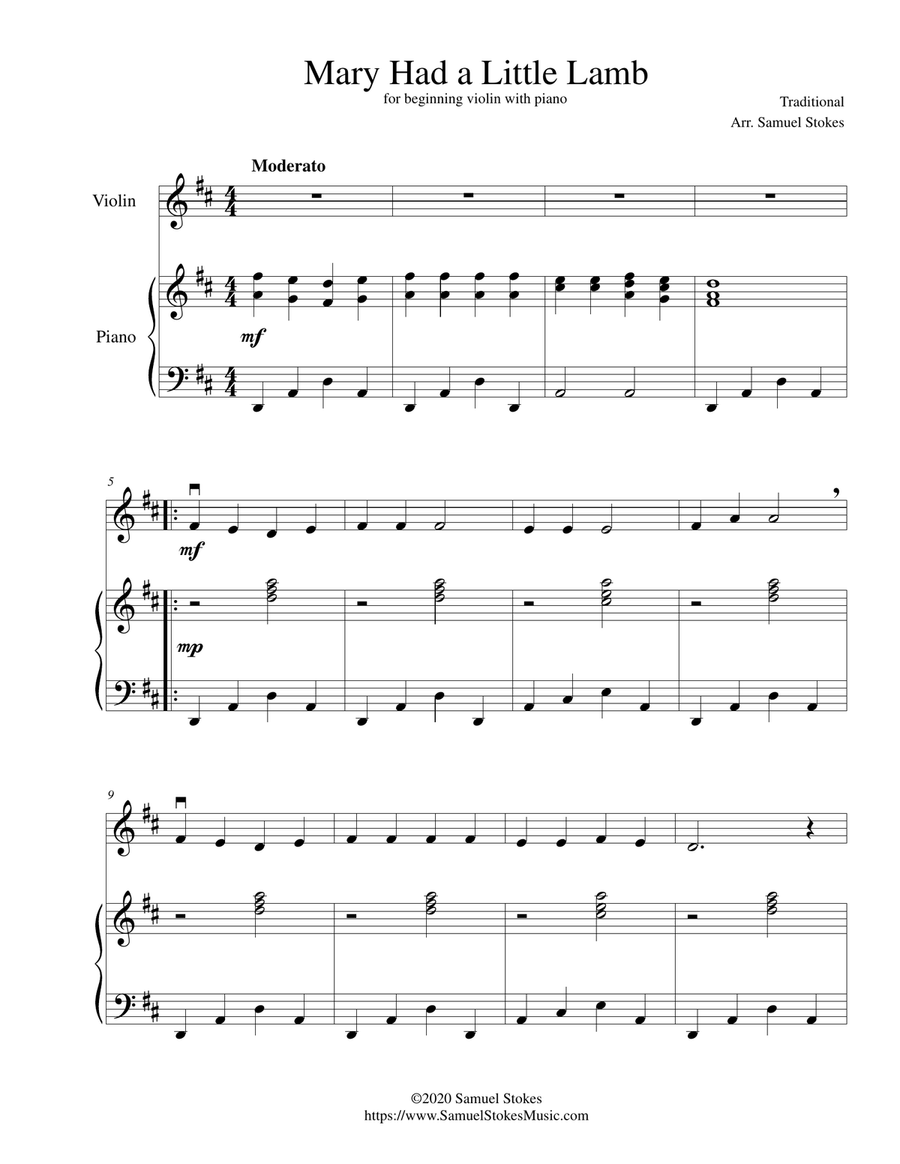 Mary Had a Little Lamb - for beginning violin with optional piano accompaniment Violin Solo scores gallery preview page 1