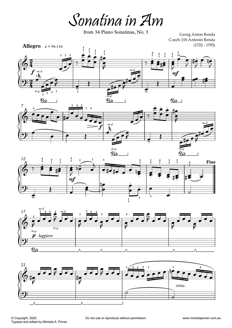Sonatina in A minor (Benda) Piano Solo scores gallery preview page 1