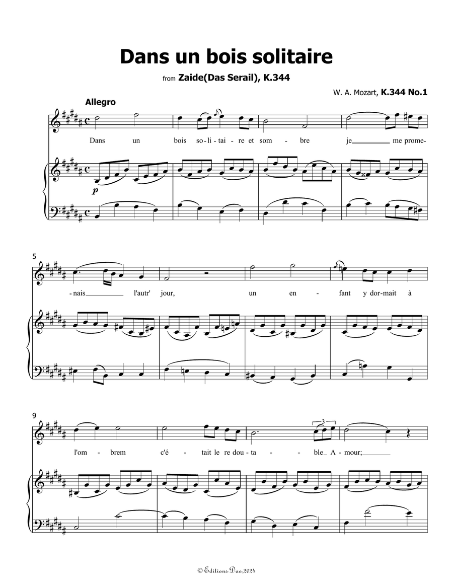 Dans un bois solitaire, by Mozart, K.308/295b, in B Major Piano, Vocal scores gallery preview page 3