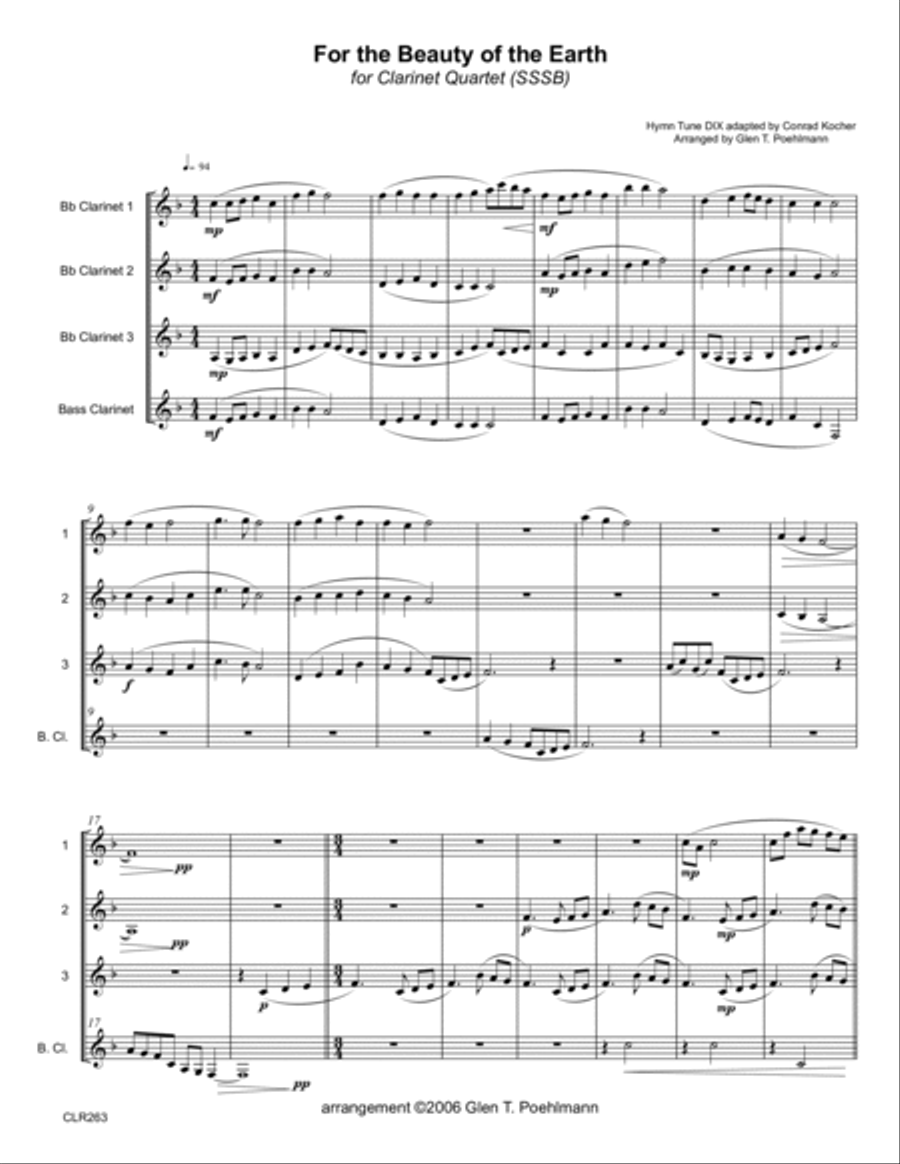 FOR THE BEAUTY OF THE EARTH - SSSB or SSSS CLARINET QUARTET Clarinet Quartet scores gallery preview page 1