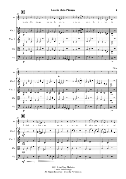 Lascia Ch'Io Pianga for Voice and String Quartet - C Major (Full Score and Parts) image number null