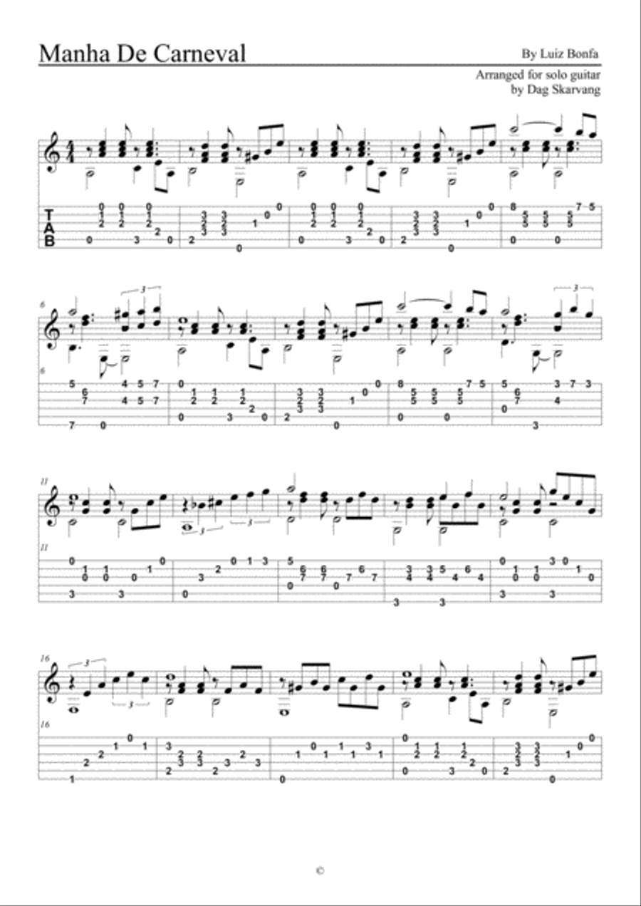 Manha De Carneval for solo guitar Guitar Tablature scores gallery preview page 1