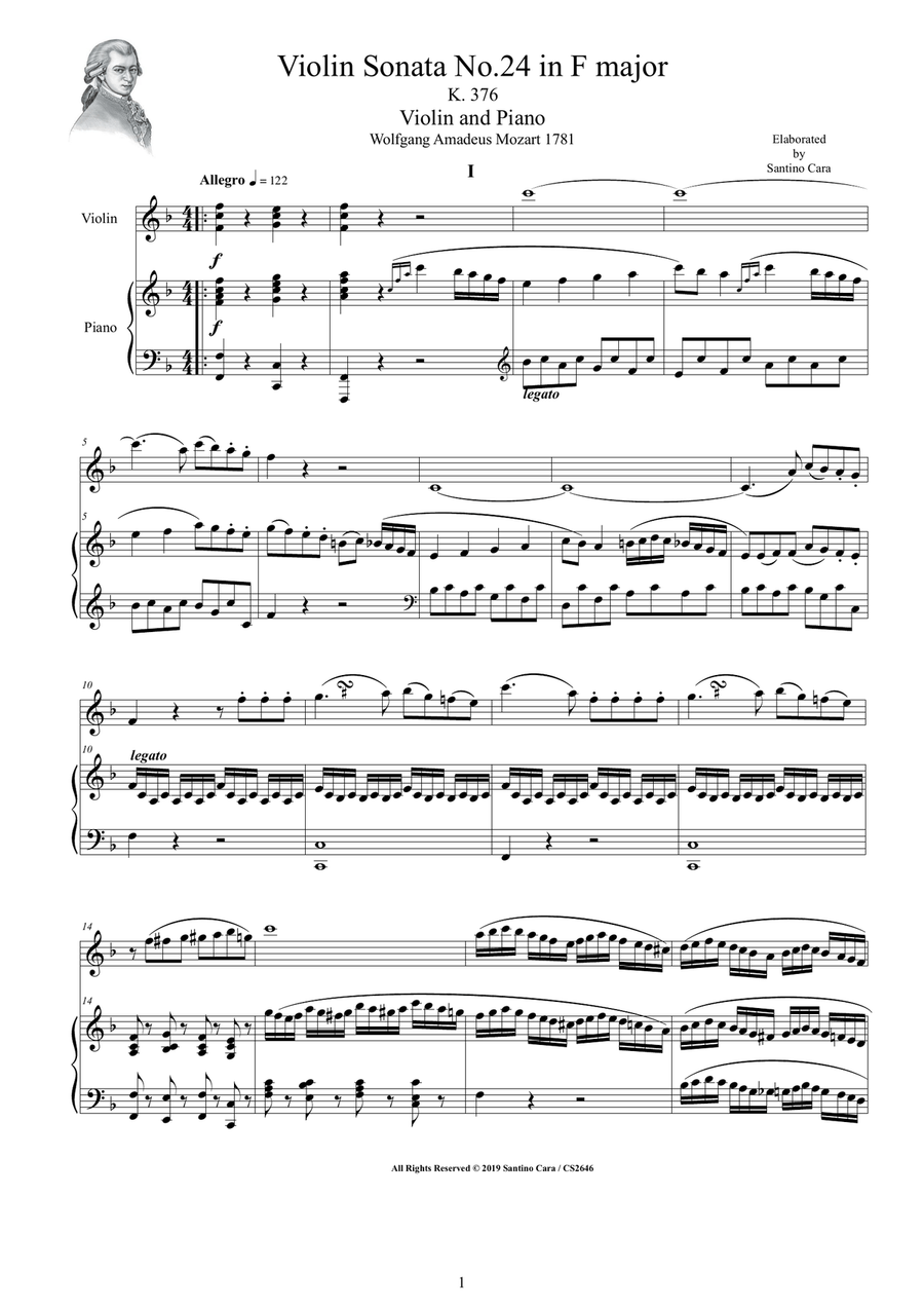 Mozart - Violin Sonata No.24 in F major K 376 for Violin and Piano - Score and Part