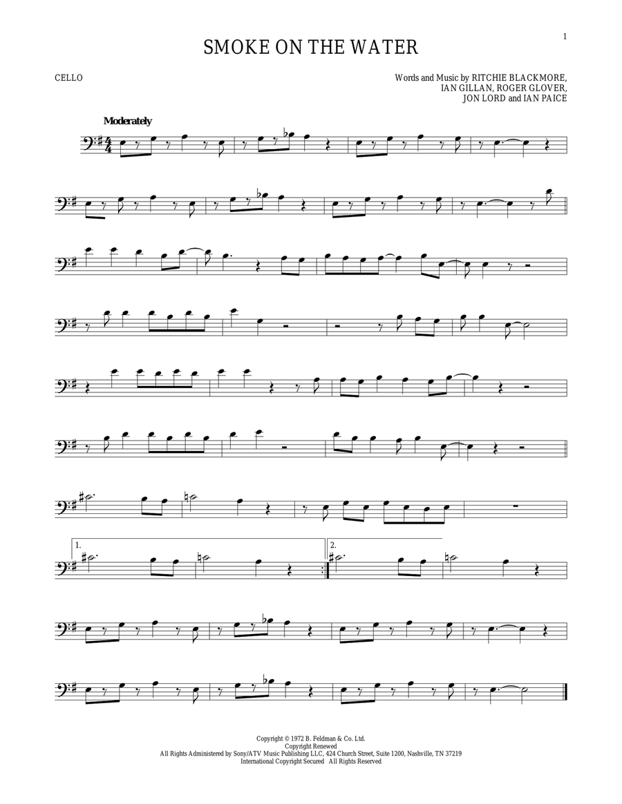 Smoke On The Water Cello Solo scores gallery preview page 1