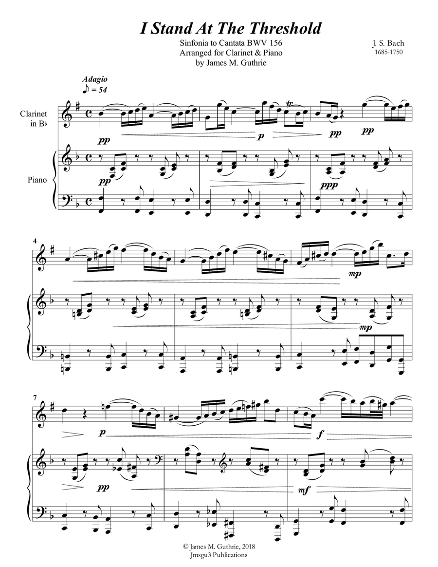Bach: I Stand At The Threshold for Clarinet & Piano B-Flat Clarinet scores gallery preview page 1