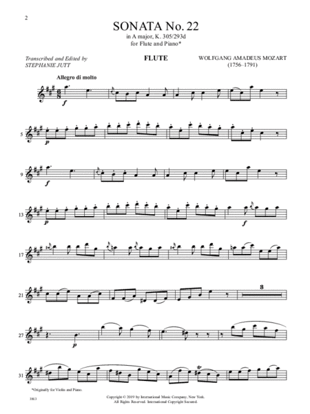Sonata No. 22 In A Major, K. 305/293D For Flute And Piano