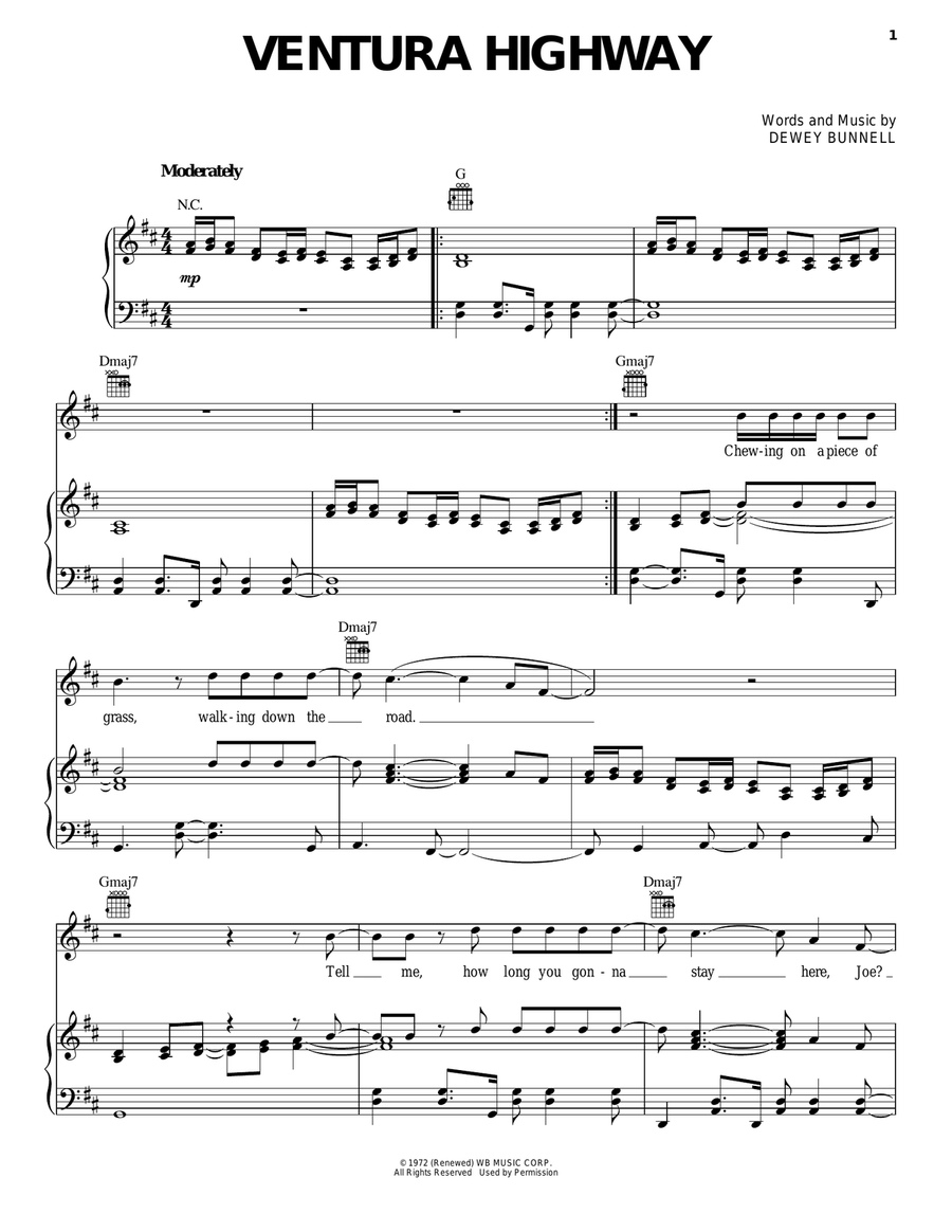 Ventura Highway Piano, Vocal, Guitar scores gallery preview page 1
