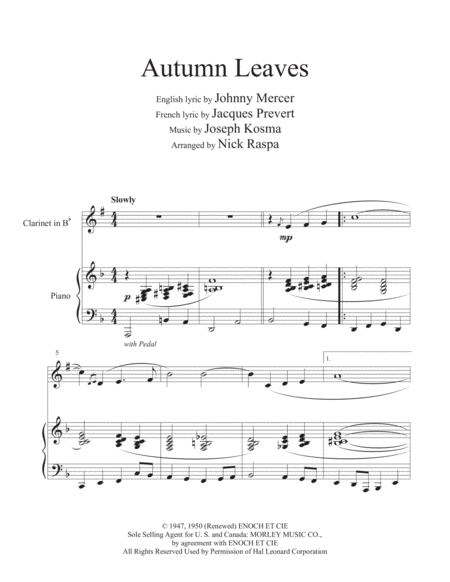 Autumn Leaves (B Flat Clarinet & Piano duet) advanced intermediate image number null