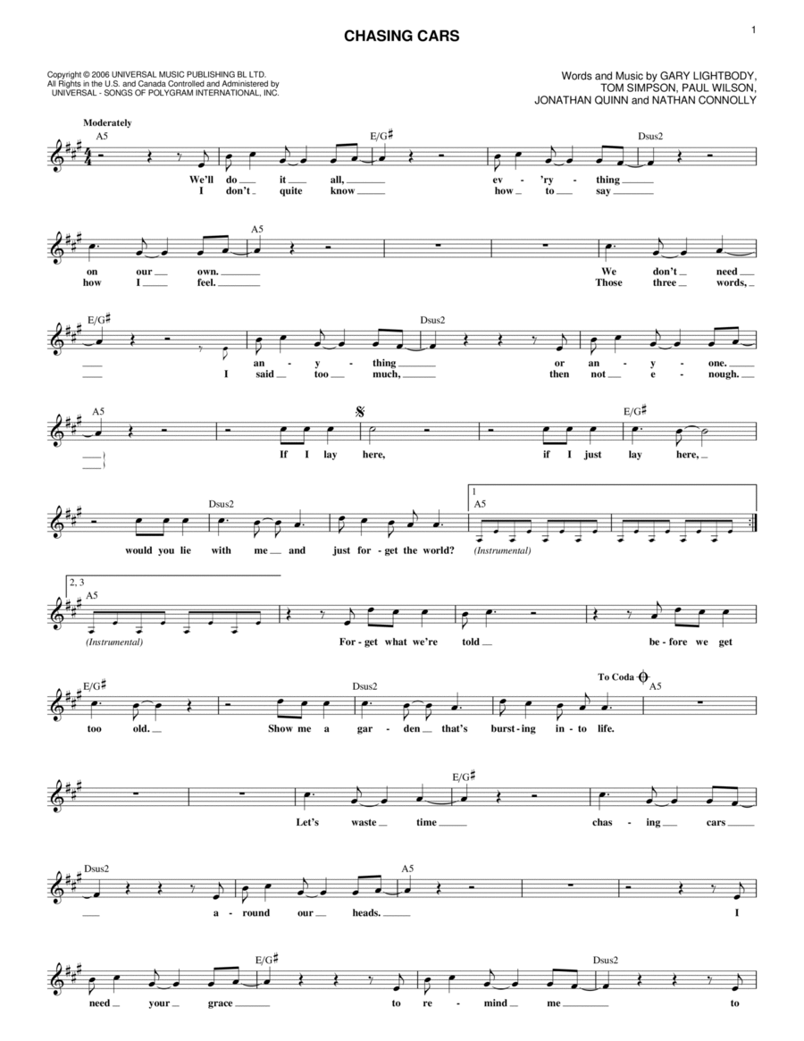 Chasing Cars Piano scores gallery preview page 1