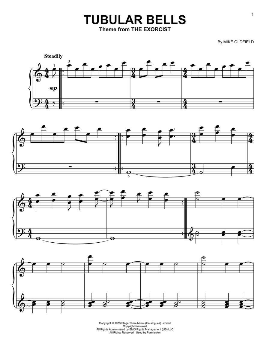 Tubular Bells (from The Excorcist) Easy Piano scores gallery preview page 1