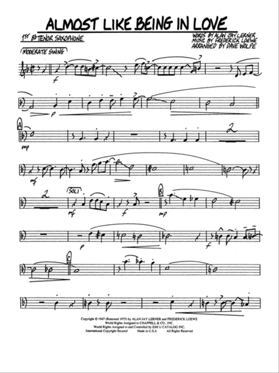 Almost Like Being in Love: B-flat Tenor Saxophone Jazz Ensemble scores gallery preview page 1