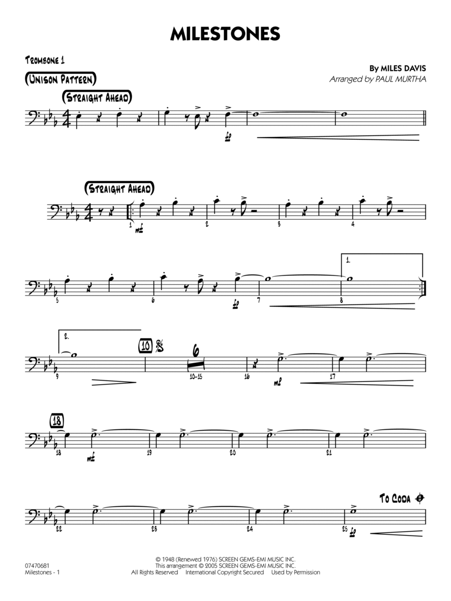 Milestones (arr. Paul Murtha) - Trombone 1