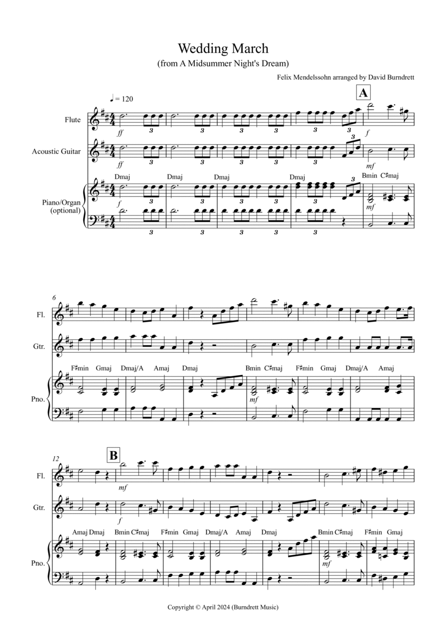 Wedding March (from A Midsummer Night's Dream) for Flute and Guitar Duet Flute scores gallery preview page 1
