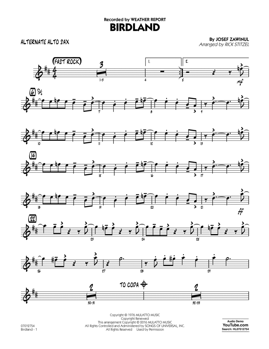 Birdland - Alternate Alto Sax Alto Saxophone scores gallery preview page 1