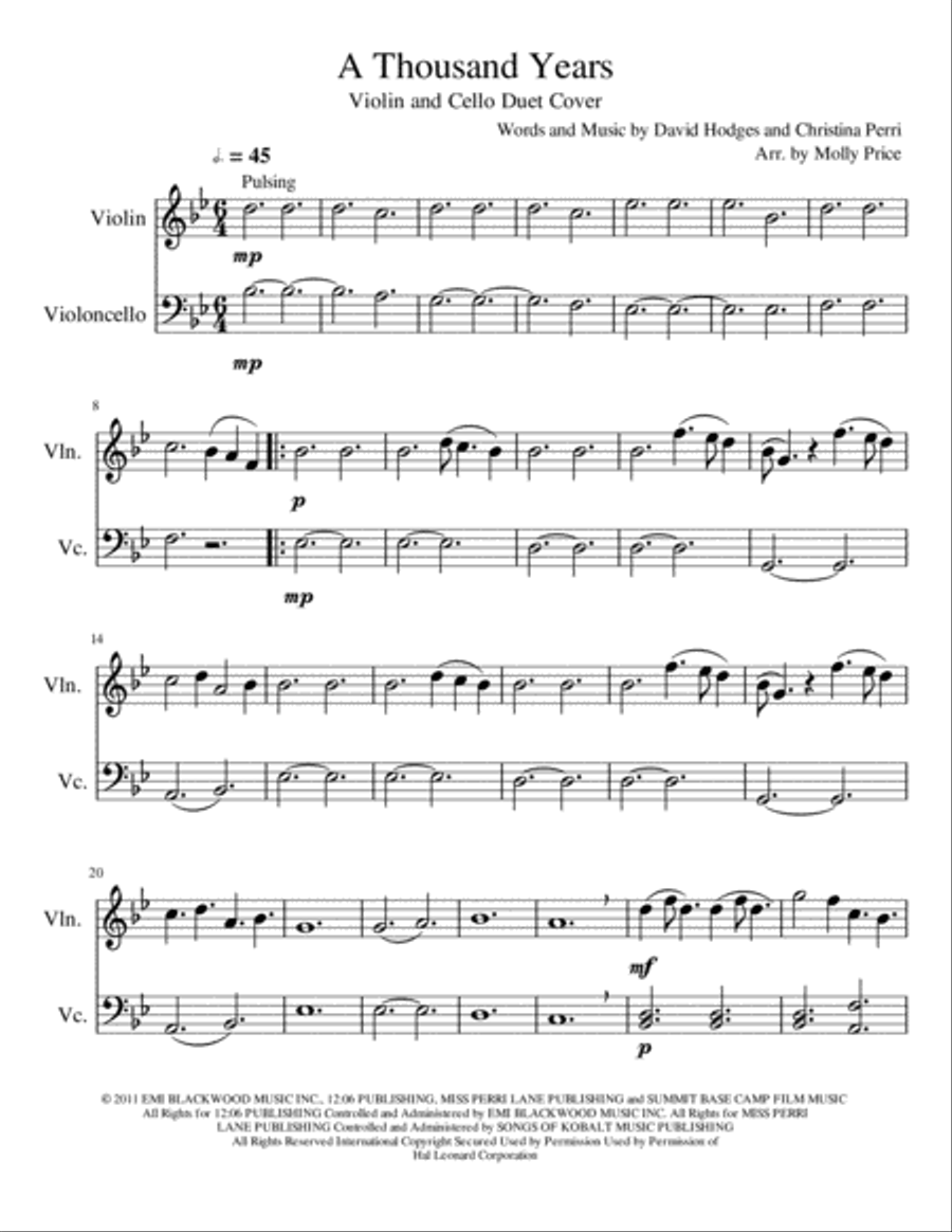 A thousand years violin and cello top