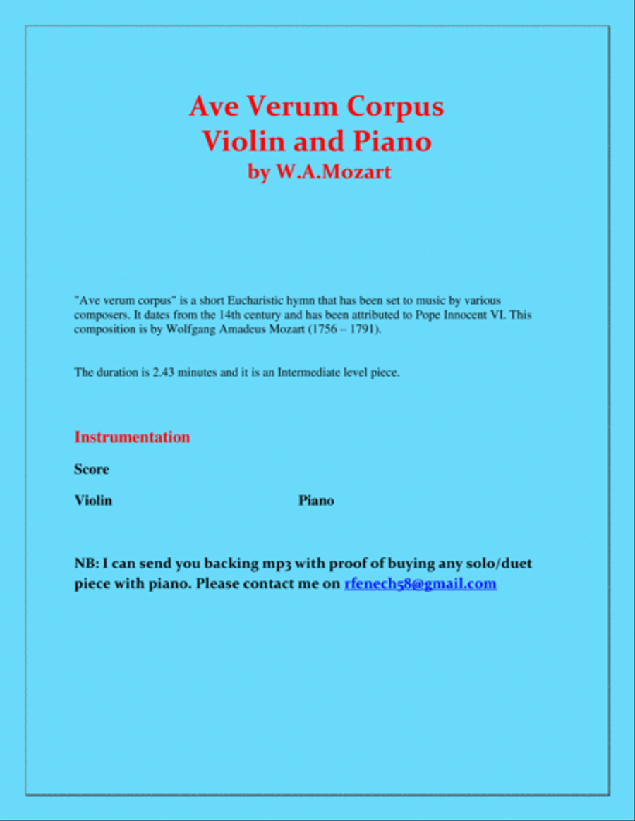 Ave Verum Corpus - Violin and Piano - Intermediate level Violin Solo scores gallery preview page 2