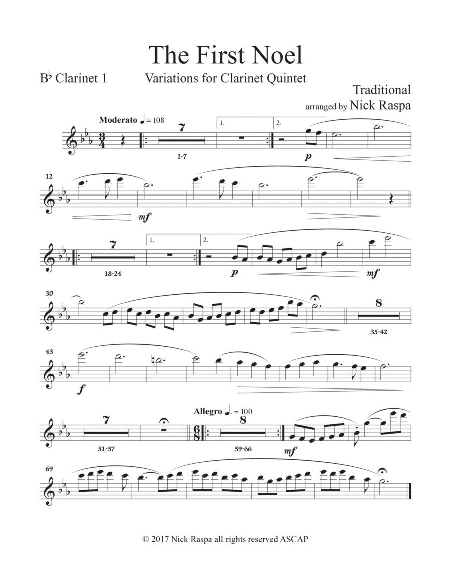 The First Noel (Variations for Clarinet Quintet) Bb Clarinet 1 part image number null