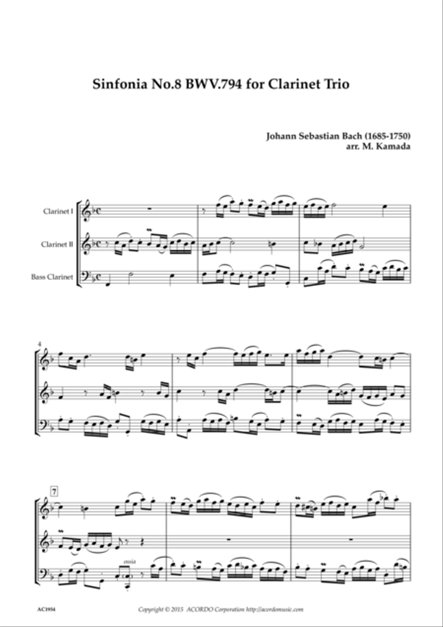 Sinfonia No.8 BWV.794 for Clarinet Trio Clarinet Trio scores gallery preview page 1
