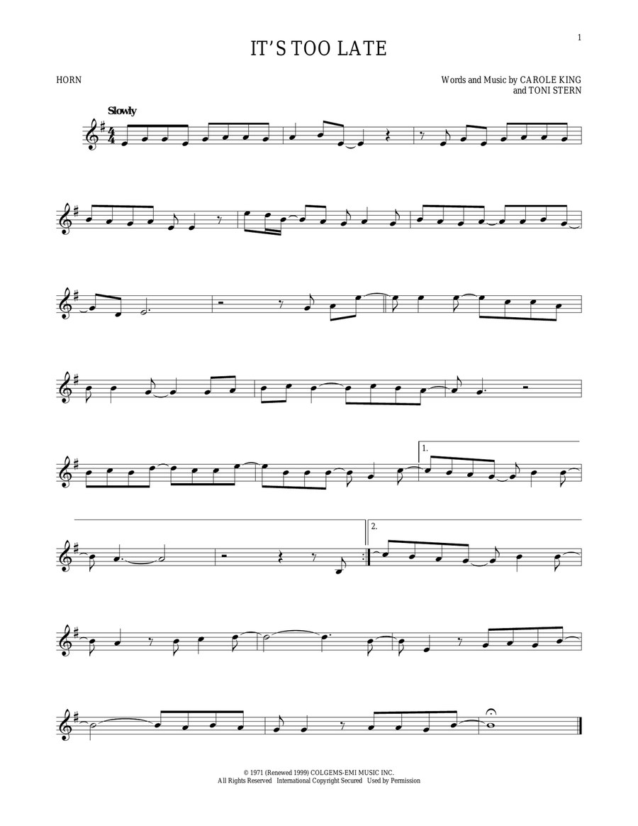 It's Too Late Horn Solo scores gallery preview page 1