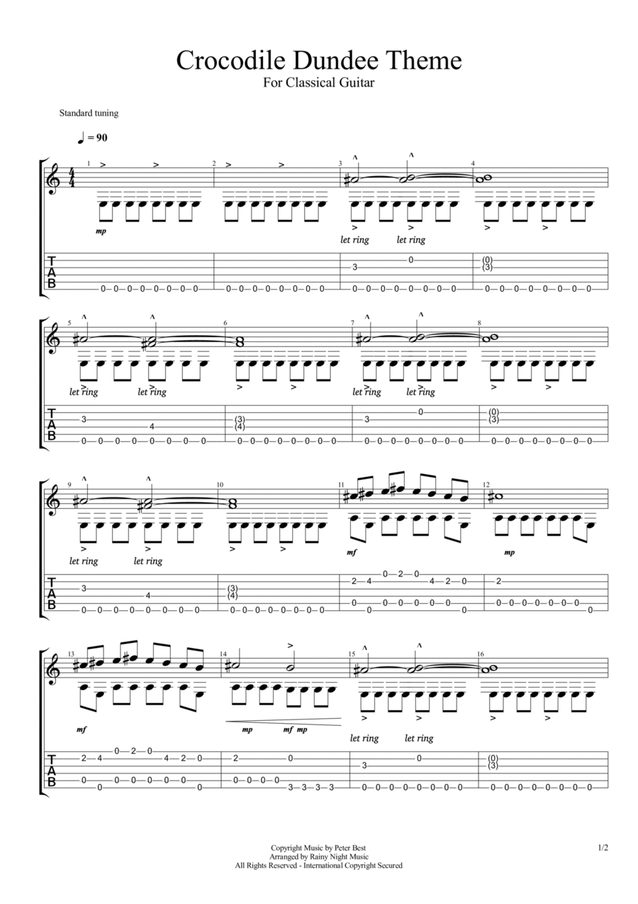Crocodile Dundee - Main Theme Guitar Tablature scores gallery preview page 1