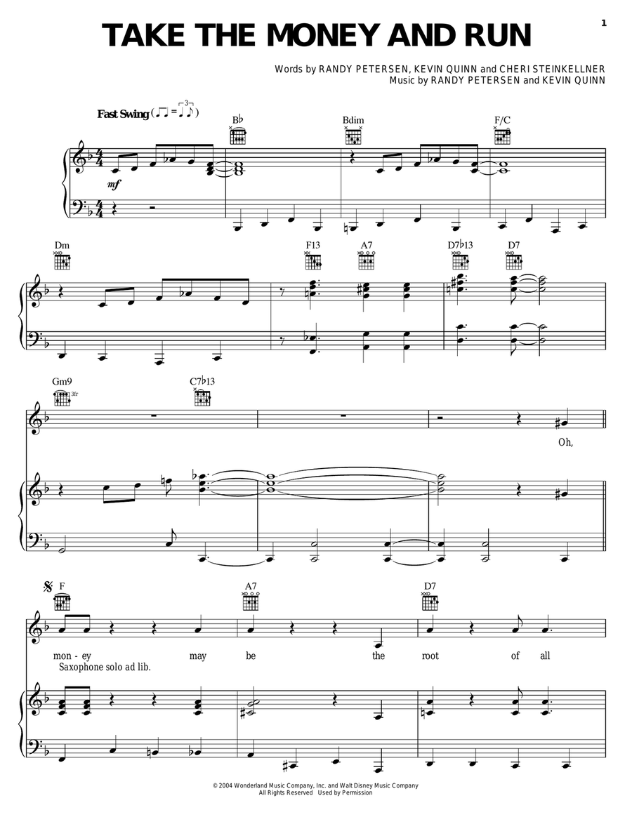 Take The Money And Run Piano, Vocal, Guitar scores gallery preview page 1