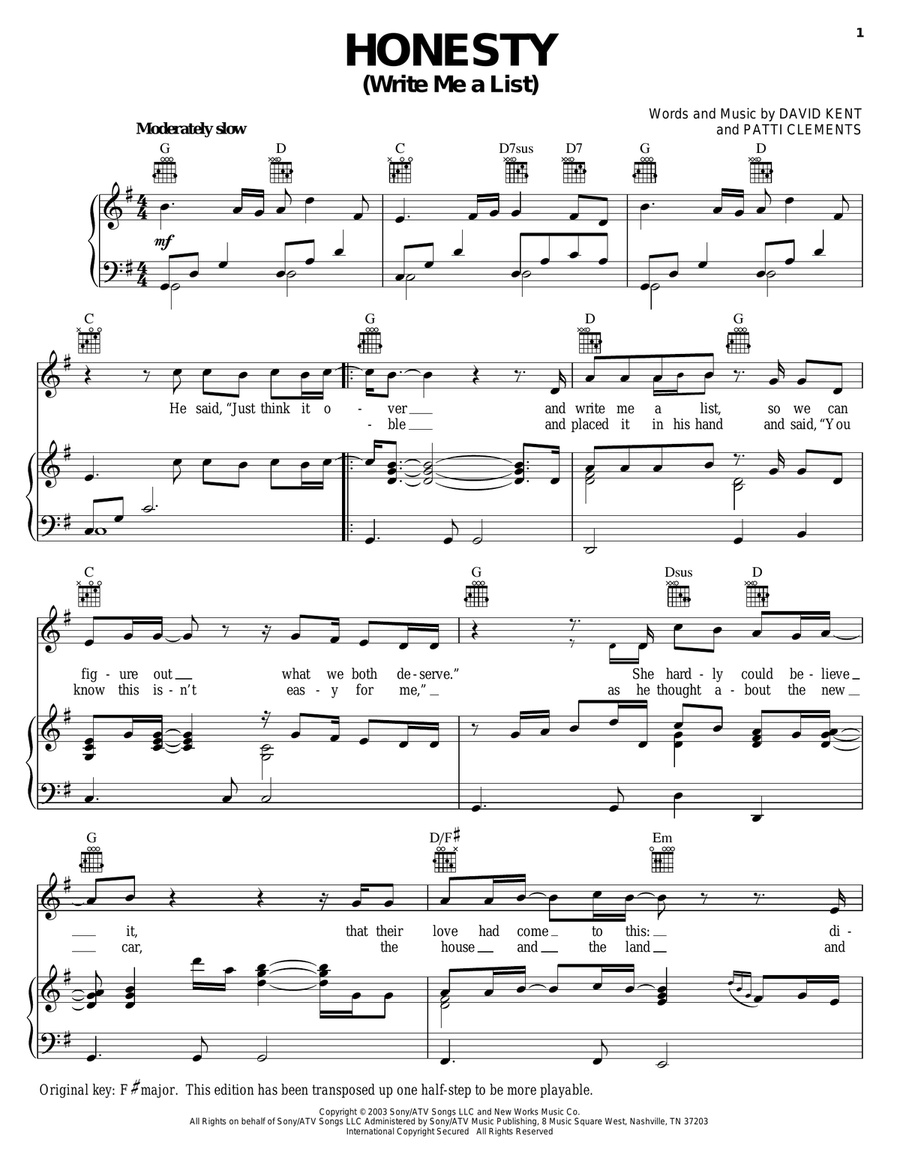 Honesty (Write Me A List) Piano, Vocal, Guitar scores gallery preview page 1