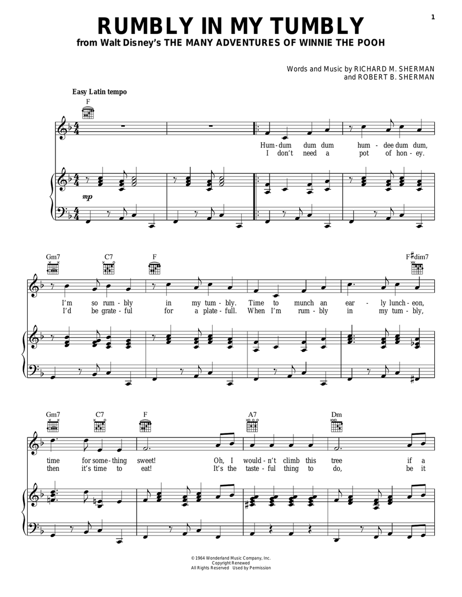 Rumbly In My Tumbly (from The Many Adventures Of Winnie The Pooh) Piano, Vocal, Guitar scores gallery preview page 1