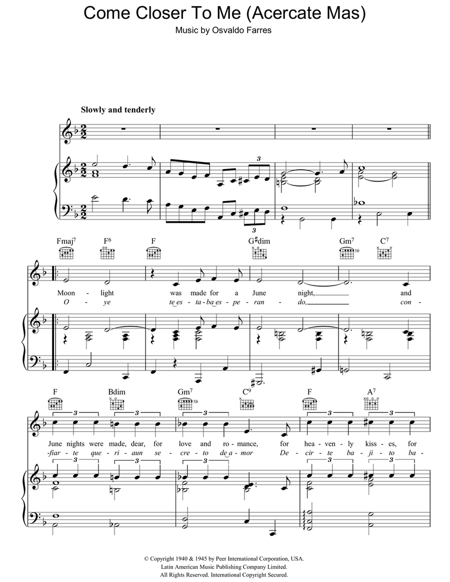 Come Closer To Me (Acercate Mas) Piano, Vocal, Guitar scores gallery preview page 1