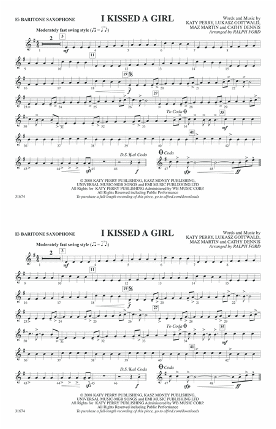 I Kissed a Girl: E-flat Baritone Saxophone Marching Band scores gallery preview page 1