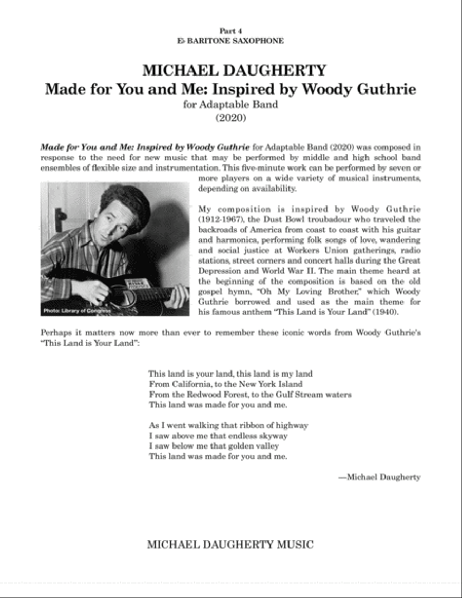 Made for You and Me: Inspired by Woody Guthrie - Part 4 - Eb Baritone Saxophone Concert Band scores gallery preview page 1