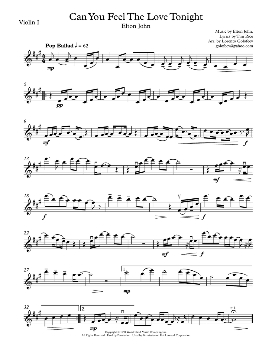Can You Feel The Love Tonight String Quartet scores gallery preview page 1