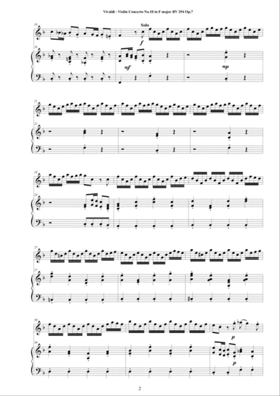 Vivaldi - Violin Concerto No.10 in F major 'Il Ritiro' RV 294 Op.7 for Violin and Cembalo (or Piano) String Duet scores gallery preview page 2