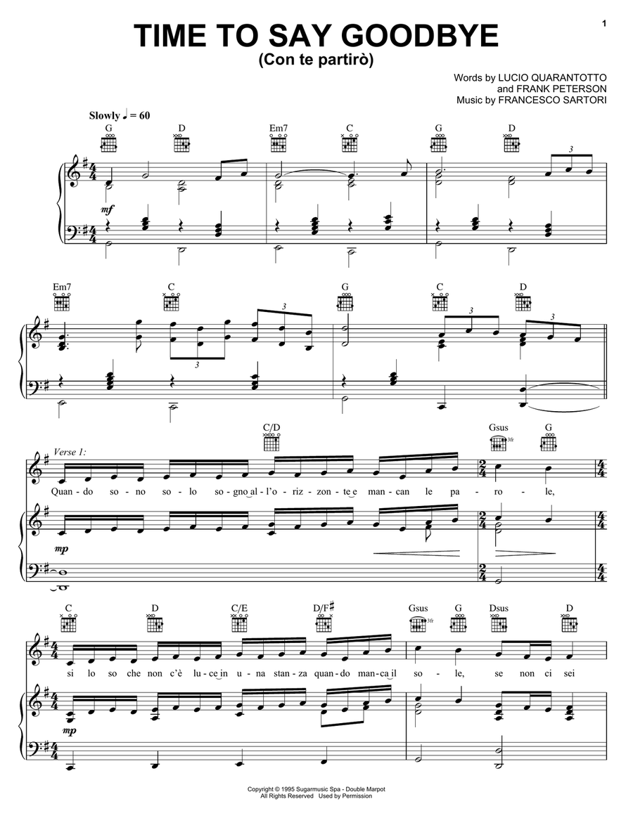 Time To Say Goodbye Piano, Vocal, Guitar scores gallery preview page 1