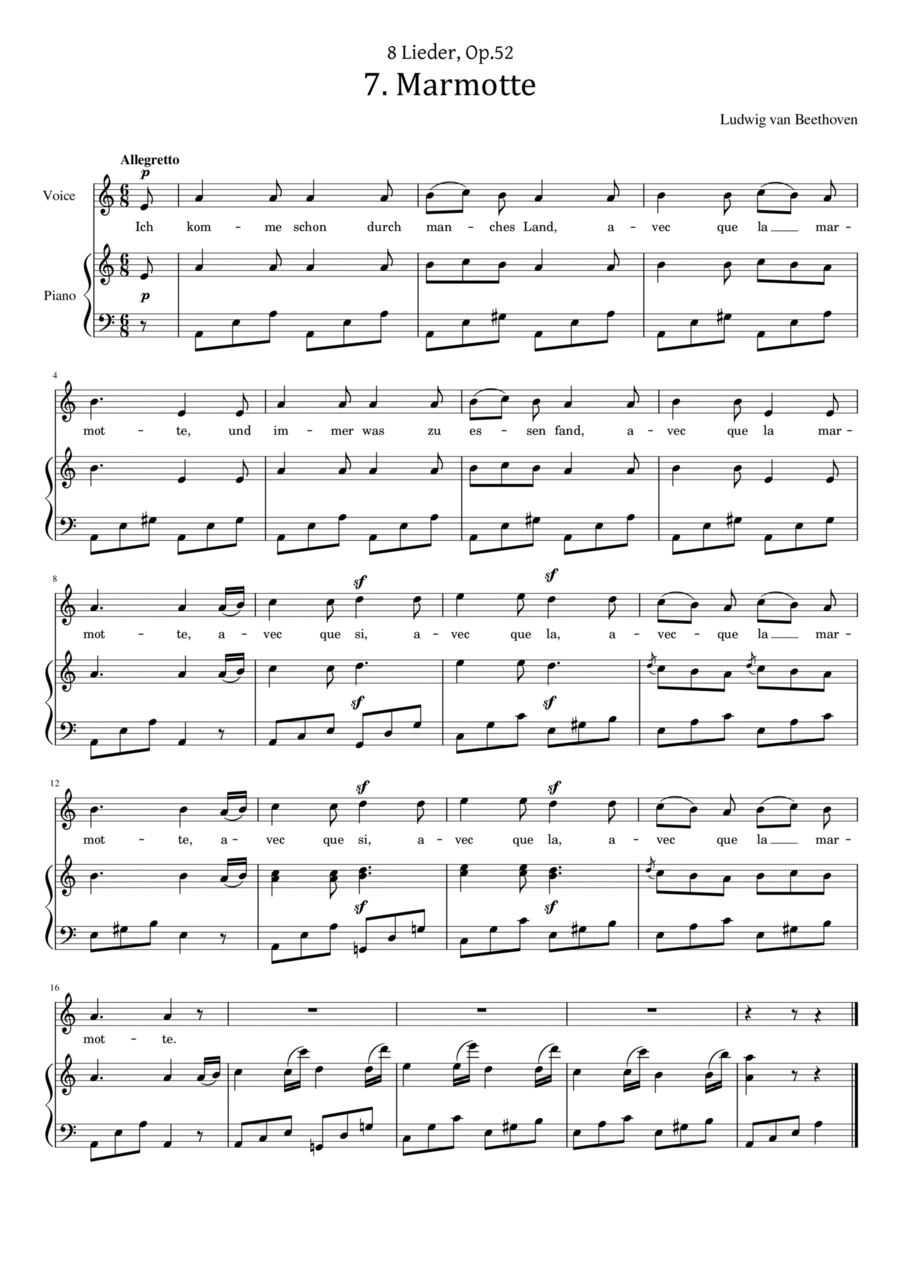 Beethoven - 8 Lieder, Op.52, No.7 - Marmotte - Original For Piano Vocal With Lyrics Voice scores gallery preview page 1