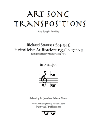 Book cover for STRAUSS: Heimliche Aufforderung, Op. 27 no. 3 (transposed to F major)