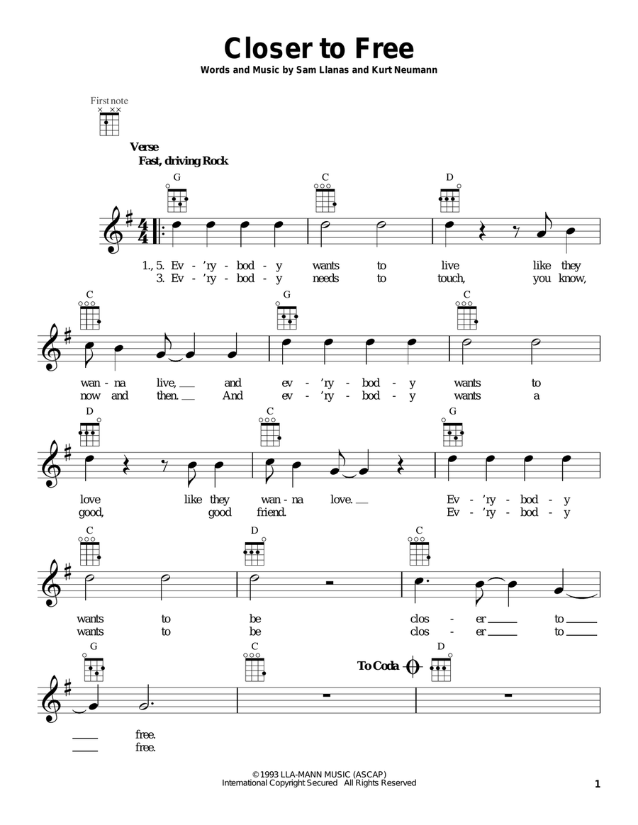 Closer To Free Ukulele scores gallery preview page 1