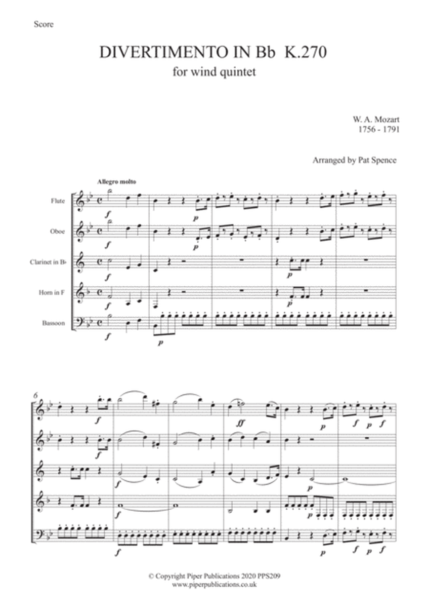 MOZART DIVERTIMENTO IN Bb K. 270 for woodwind quintet