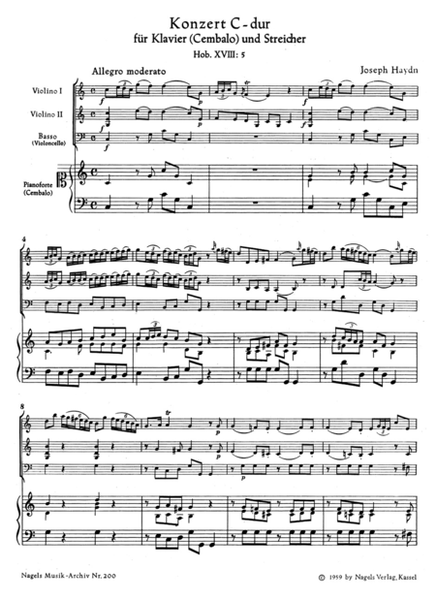 Konzert fur Klavier (Cembalo) und Streicher (ohne Viola) C major Hob XVIII:5