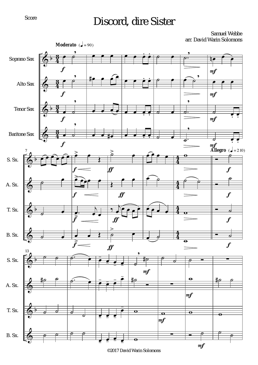 Discord, dire sister for saxophone quartet Saxophone Quartet scores gallery preview page 1