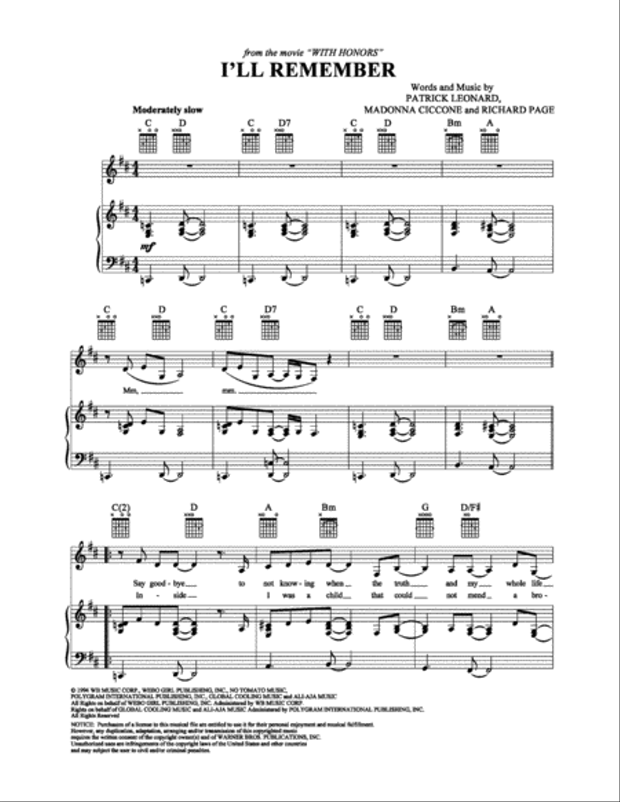 I'll Remember Piano, Vocal, Guitar scores gallery preview page 1